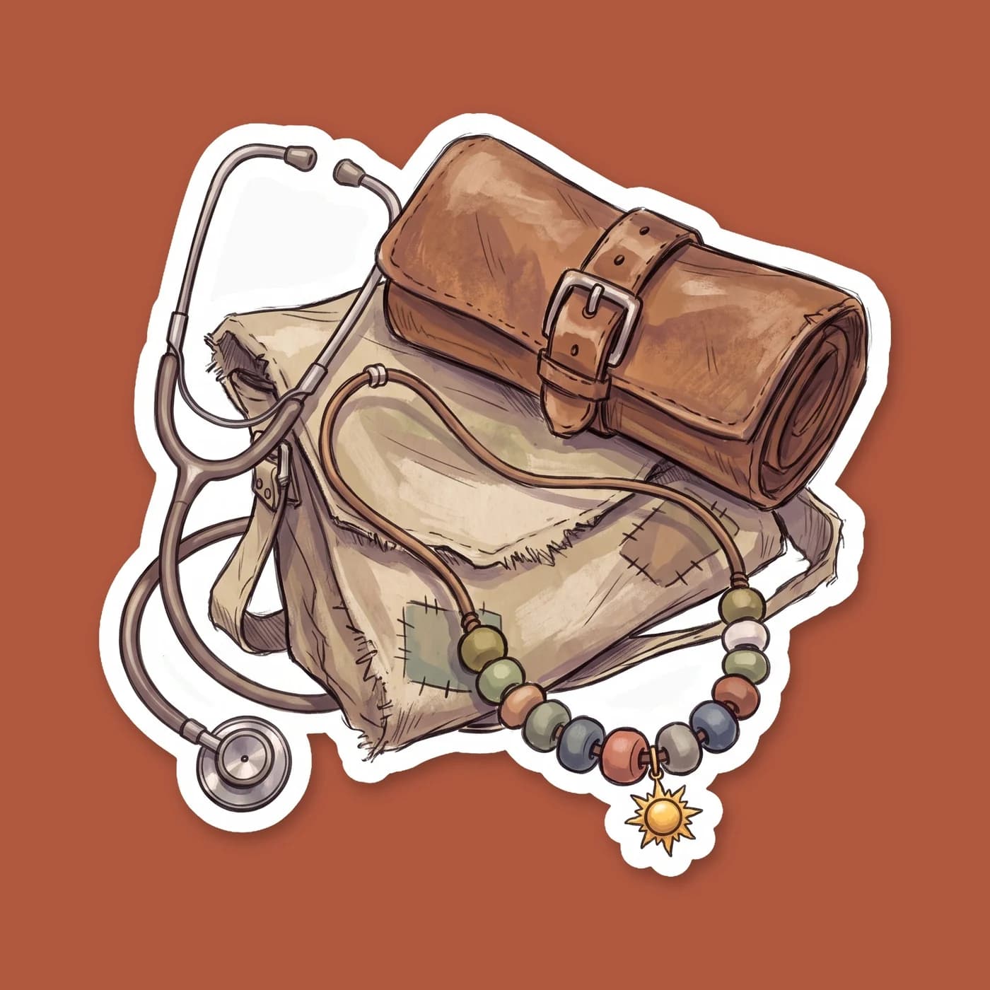 A leather cord displays years of hand-painted camp beads, finished with a bright bronze sun charm. It serves as a reminder of many summers spent healing friends and protecting the borders of the only , view 2