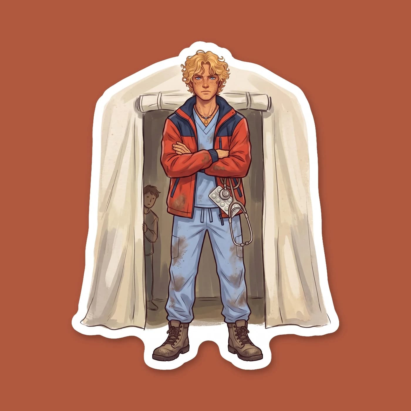 The head counselor of cabin seven crosses his arms and delivers strict medical advice to a stubborn patient. Will is drawn in his medical scrubs over a camp shirt, looking stern but caring as he enfor, view 2