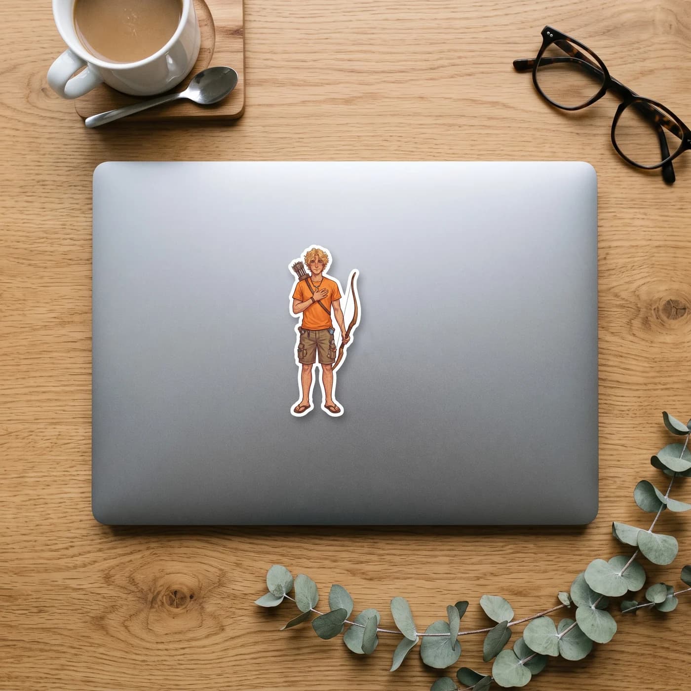 Will stands proudly in front of the golden Apollo cabin, holding a clipboard and looking over his morning counselor duties. He wears his signature bead necklace and orange camp shirt, perfectly embody, view 3