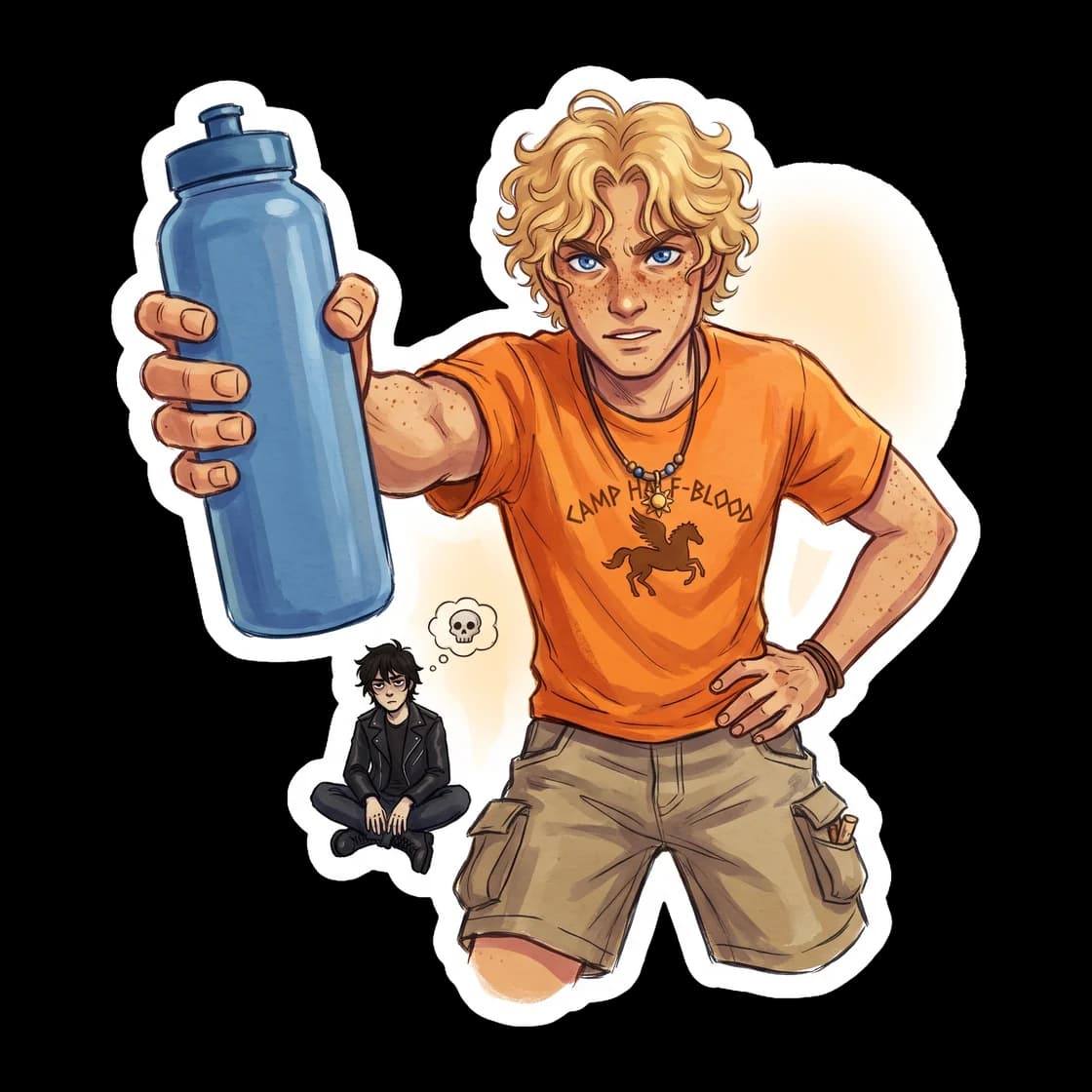 Will Solace stands in his bright orange camp t-shirt, holding out a water bottle with a stern reminder to hydrate or diedrate. The design captures the caring yet bossy healer side of the head of the A