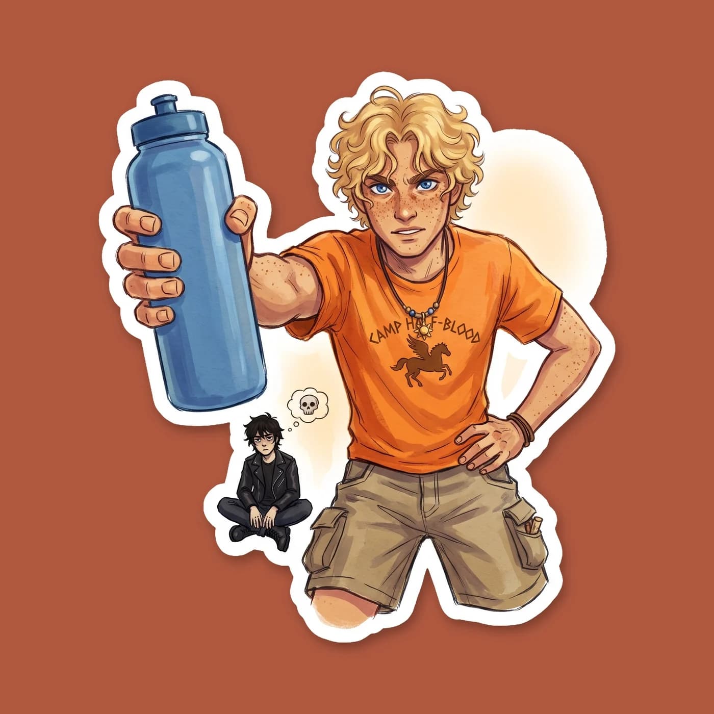 Will Solace stands in his bright orange camp t-shirt, holding out a water bottle with a stern reminder to hydrate or diedrate. The design captures the caring yet bossy healer side of the head of the A, view 2