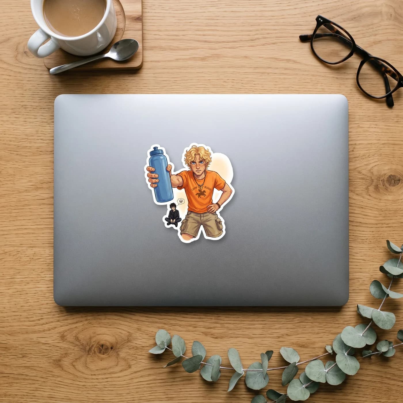 Will Solace stands in his bright orange camp t-shirt, holding out a water bottle with a stern reminder to hydrate or diedrate. The design captures the caring yet bossy healer side of the head of the A, view 3