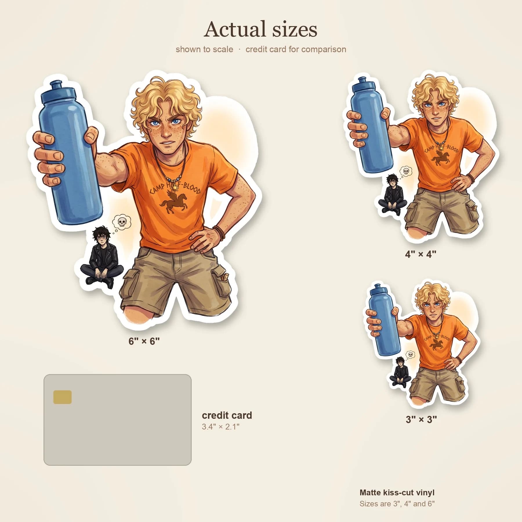 Will Solace stands in his bright orange camp t-shirt, holding out a water bottle with a stern reminder to hydrate or diedrate. The design captures the caring yet bossy healer side of the head of the A, view 4