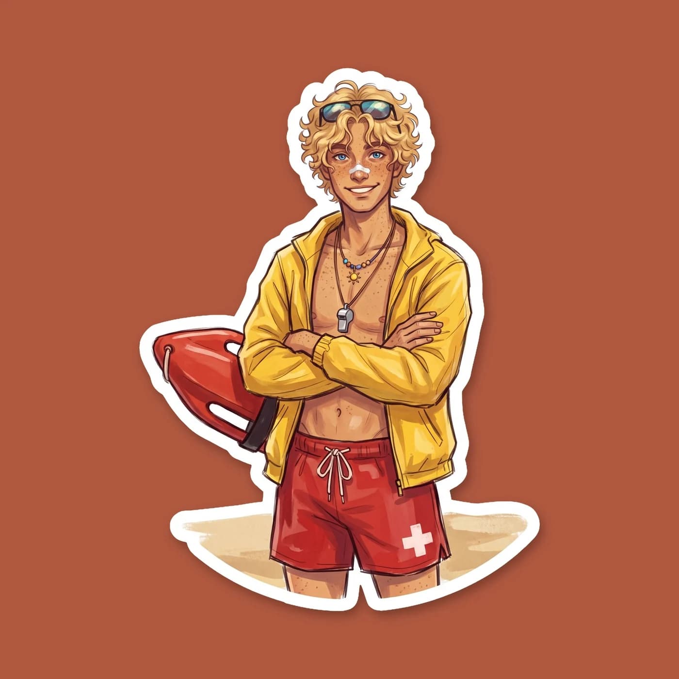 Will sits on duty in a red swimsuit with a rescue float by the canoe lake, keeping a watchful eye on the younger campers. It highlights his deep sense of responsibility and the classic summer camp vib, view 2