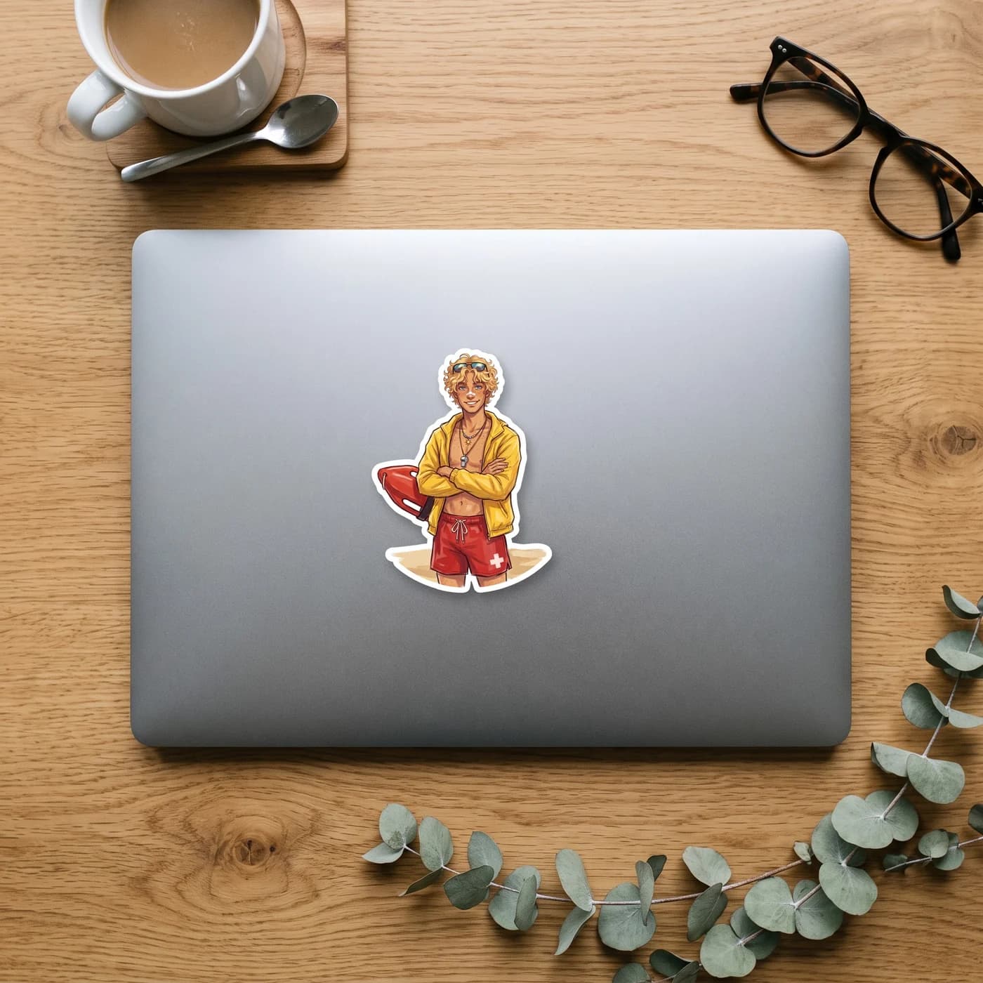 Will sits on duty in a red swimsuit with a rescue float by the canoe lake, keeping a watchful eye on the younger campers. It highlights his deep sense of responsibility and the classic summer camp vib, view 3