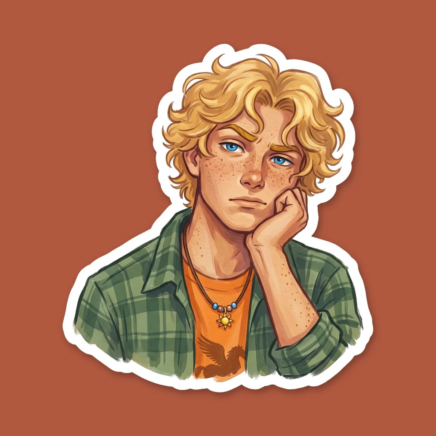 Will gives a signature deadpan stare, capturing the exact moment he has had enough of Nico's underworld shadow travel nonsense. His arms are crossed in his orange camp shirt, brow raised in an express, view 2