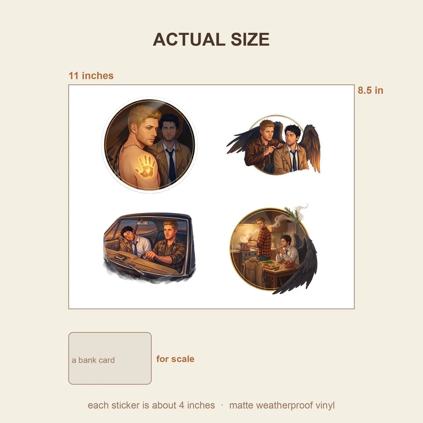 Four Destiel stickers on one 11 x 8.5 inch sheet, about 4 inches each., view 3